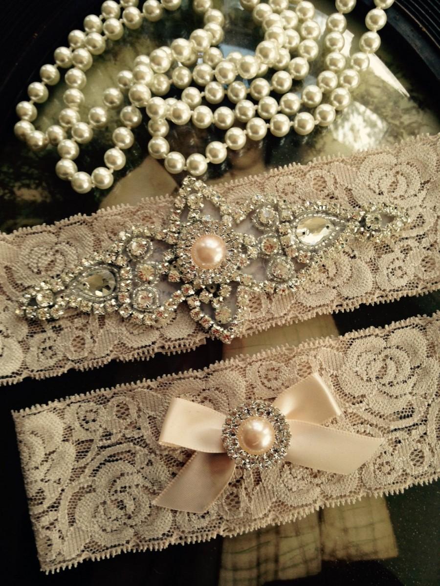 Hochzeit - Wedding Garter-Garter-Garters-Champagne-Rhinestone Garter-Blush-champagne garter-blush garter-lace-bridal garter-accessories-pearl-vintage