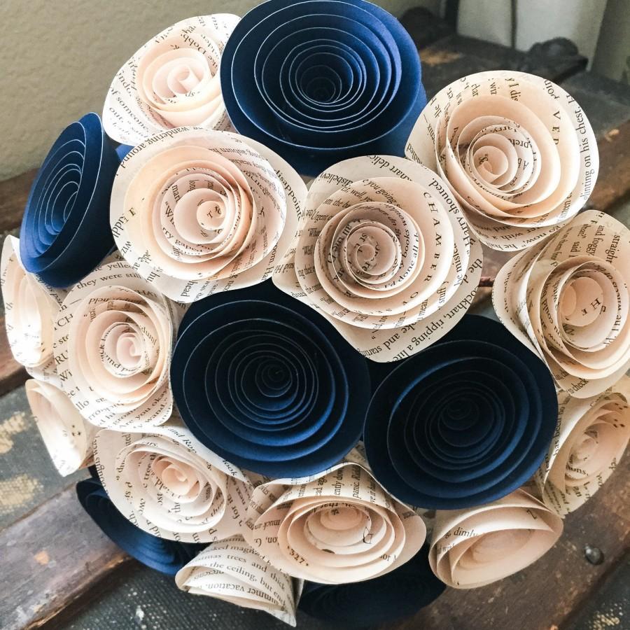 Свадьба - Paper Flower Bouquet - Wedding Bouquet Alternative - Wedding Bouquet - Paper Bridal Bouquet - Paper Flowers - Book Page - Navy Blue