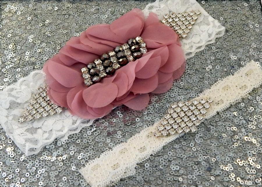 Свадьба - Wedding Garter Set - IVORY Lace Bridal Garter Elegant PINK Chiffon Flower SILVER Rhinestone Show Garter & Rhinestone Diamond Toss Garter