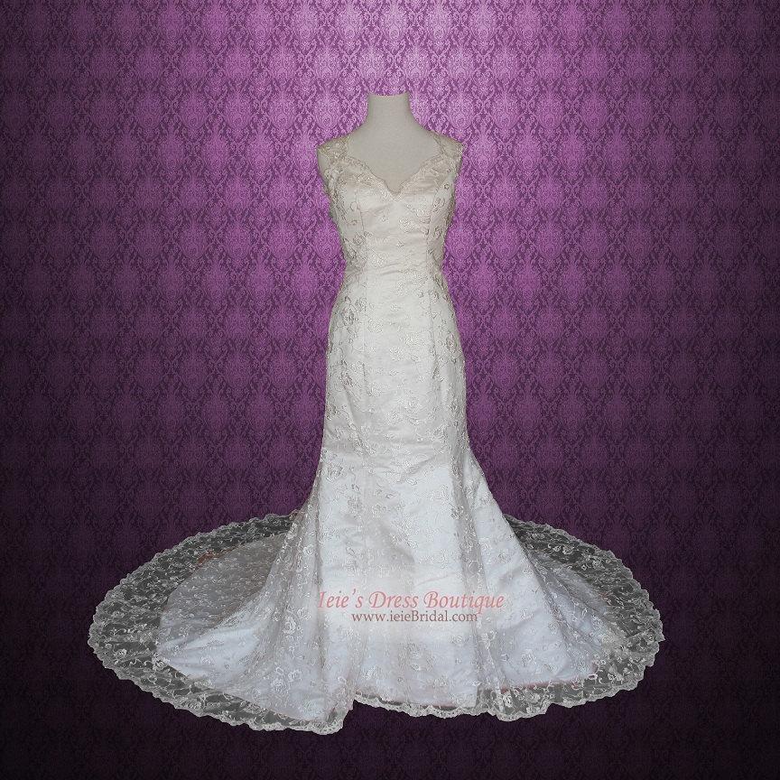 Wedding - Floral Lace Overlay Mermaid Wedding Gown with Keyhole Back 