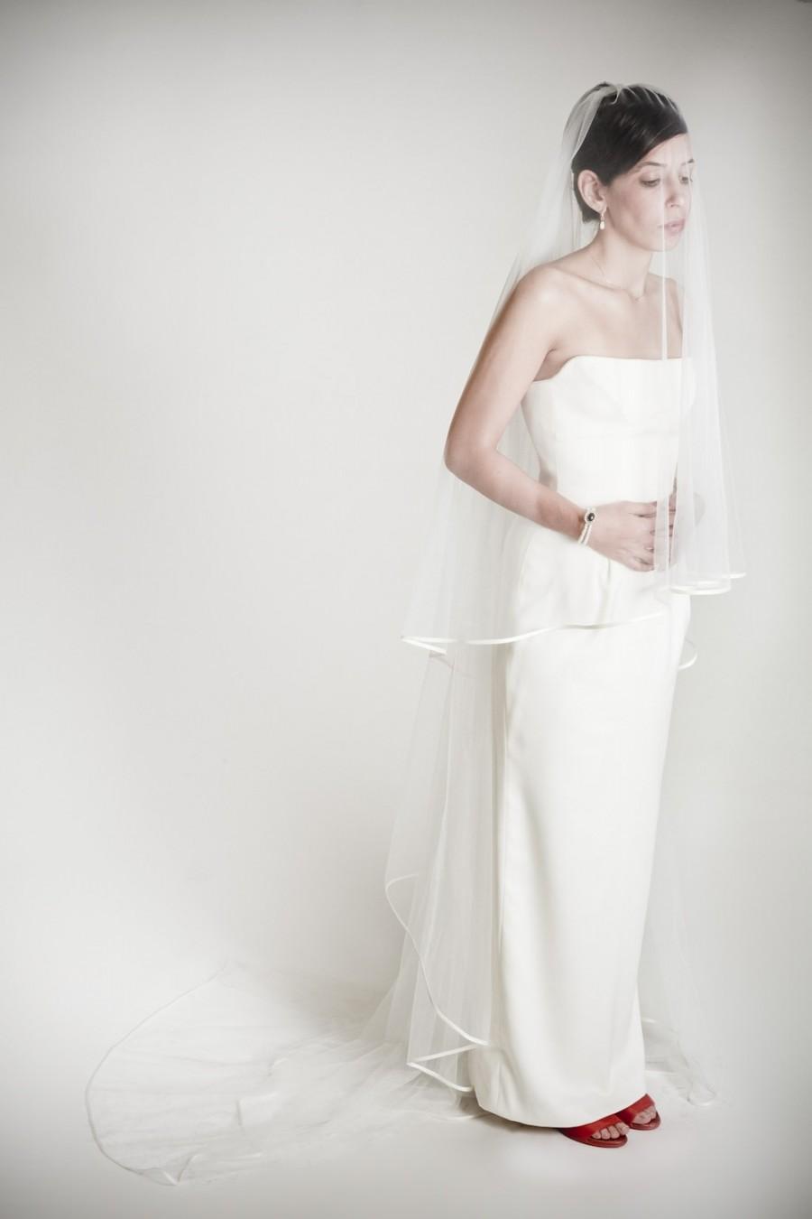 زفاف - Long wedding bridal veil, satin finish , blusher veil, two layer veil , chapel length, fingertip length , soft drop veil