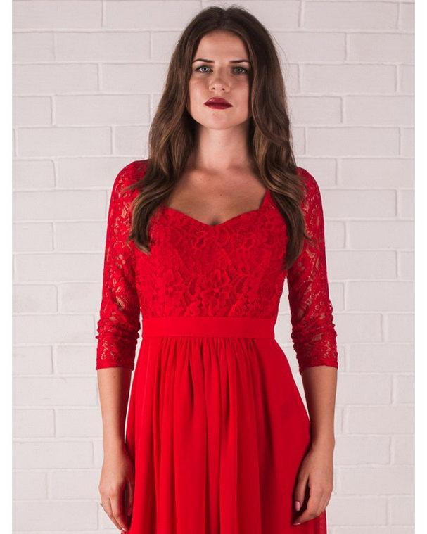 Mariage - Bridesmaid Red Dress. Long Formal Dress Lace. Prom Gown Wedding.