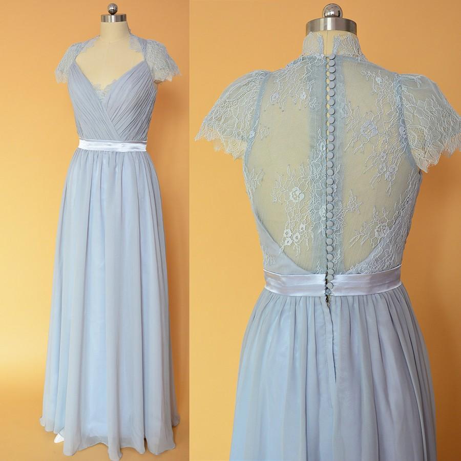 زفاف - Long Gray Bridesmaid Dresses With Lace Cap /Vintage Bridesmaid Dress /Long Prom Dresses