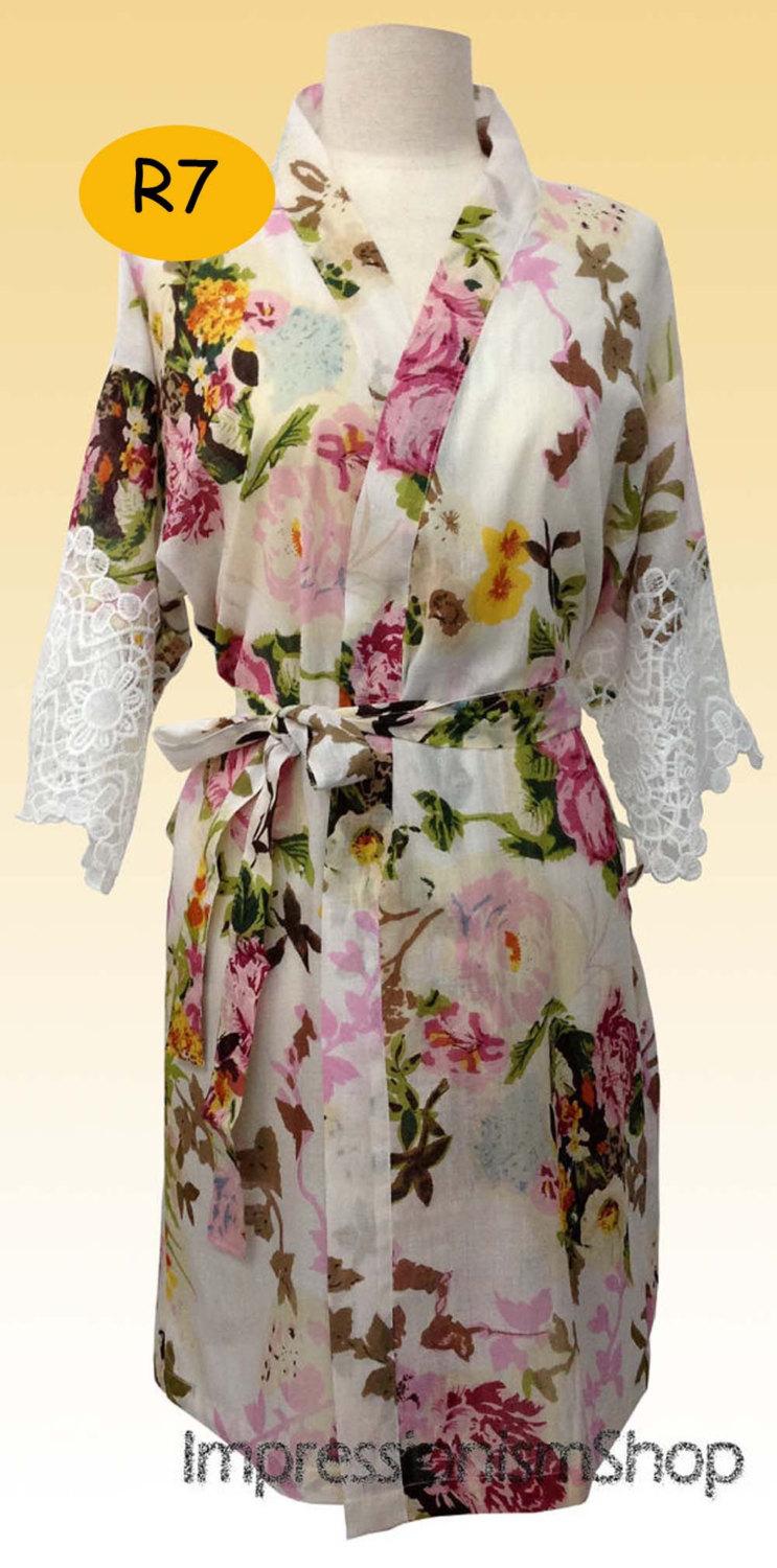 Wedding - Bride Kimono robes, bridesmaids robe White , floral robes blooms, additional piece on the sleeve lace be, wedding robes