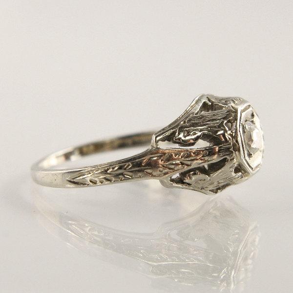 زفاف - Antique Art Deco Diamond Engagement Ring  18K White Gold Size 4 3/4 Signed Belais with Vintage Old Mine Cut Diamond Bridal Jewelry