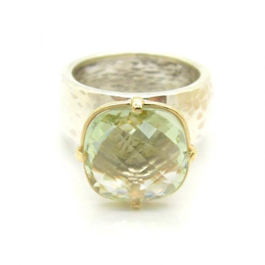 زفاف - Green amethyst ring set in gold and  a hammered silver