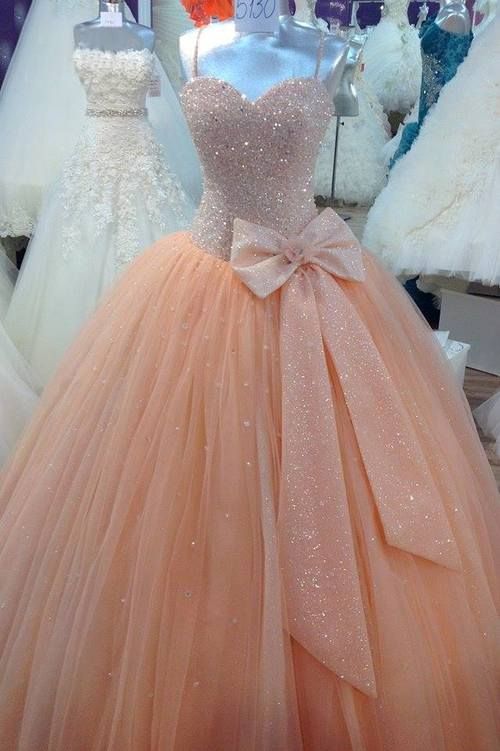 Свадьба - Ball Gown Spaghetti Strap Long Tulle Champagne Quinceanera Dress/Prom Gown From Dresscomeon