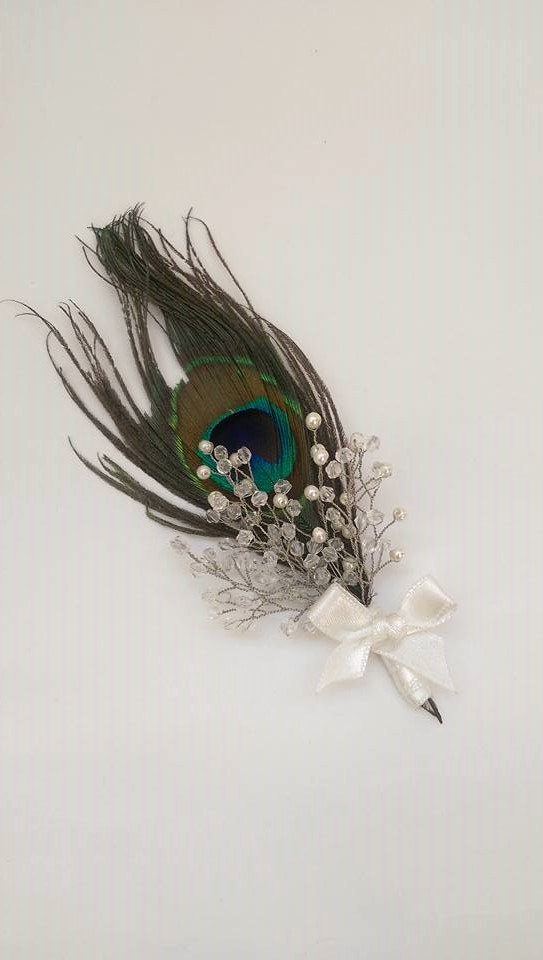 Mariage - Rustic Wedding Feather Boutonniere,Wedding Boutonniere,Grooms Boutonniere,Beaded Boutonniere, Boutonniere With Peacock, Handmade Boutonniere