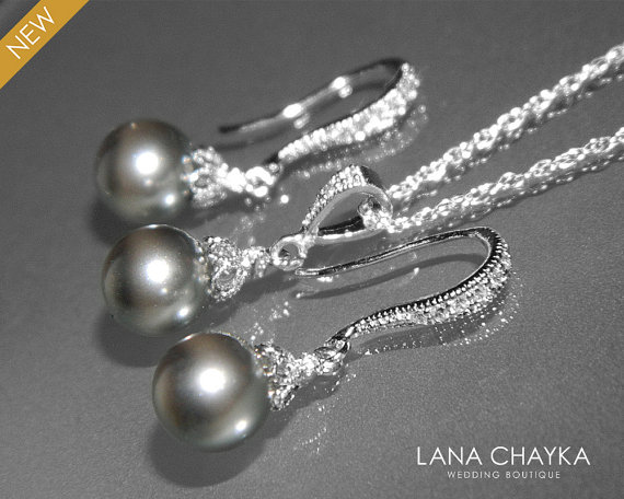 Mariage - Grey Pearl Earrings and Necklace Set STERLING SILVER Cz Grey Drop Pearl Set Swarovski 8mm Pearl Necklace&Earrings Set Wedding Pearl Jewelry