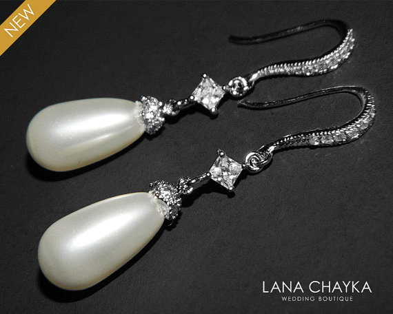 Свадьба - White Pearl Bridal Earrings Swarovski Teardrop Pearl Earrings Silver CZ Pearl Dangle Earrings Bridal Pearl Jewelry Wedding Pearl Jewelry