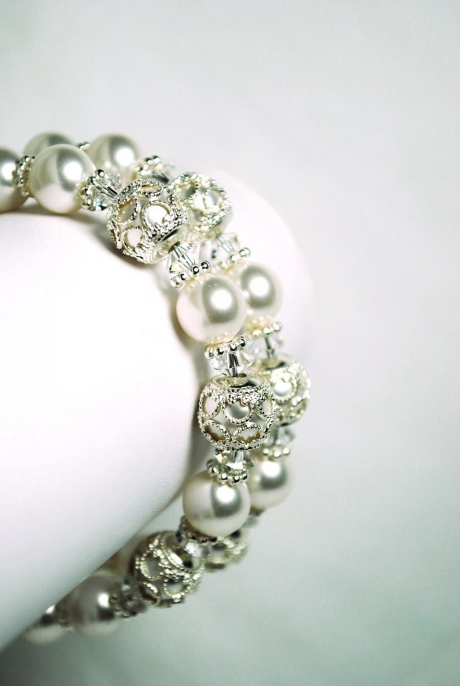Свадьба - Filigree Bridal Bracelet, Filigree Bead Caps, White Swarovski Pearls, Swarovski Crystals, Double Strand, Sterling Silver, Wedding Bracelet