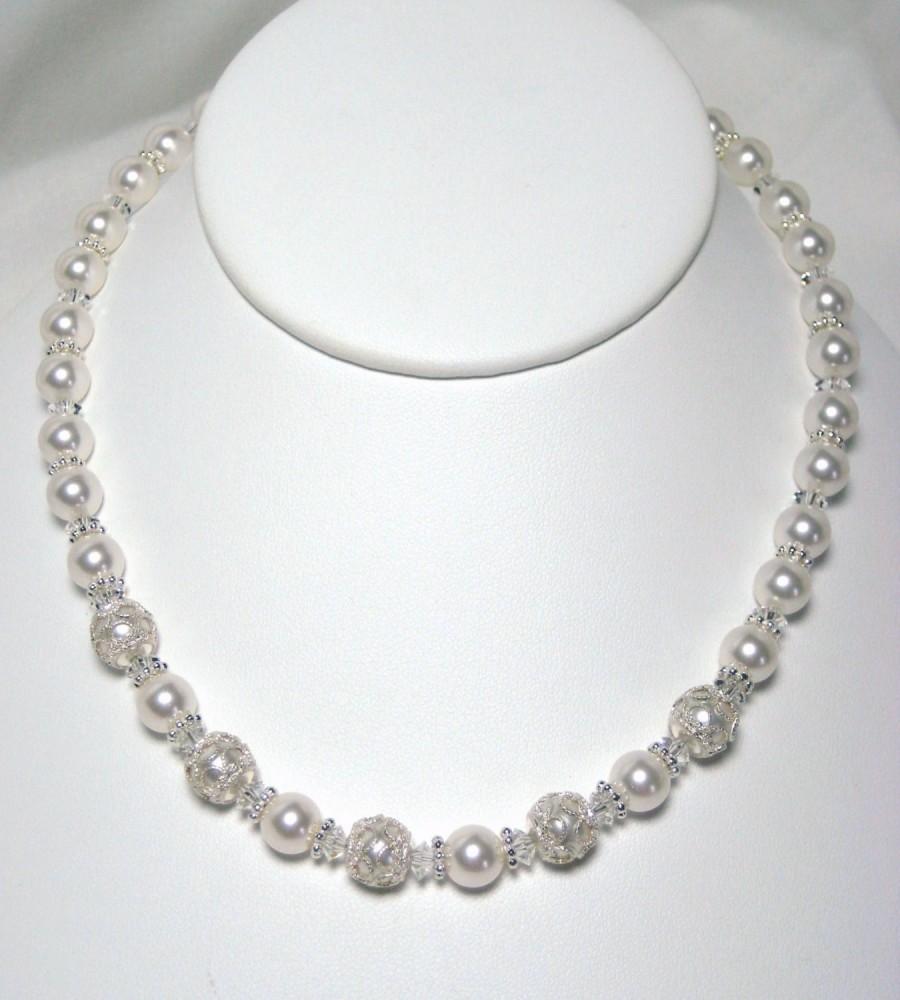 Wedding - Filigree Bridal Necklace, Victorian Inspired Wedding Necklace, White Swarovski Pearls, Crystals, Sterling Silver, Vintage Style Bridal
