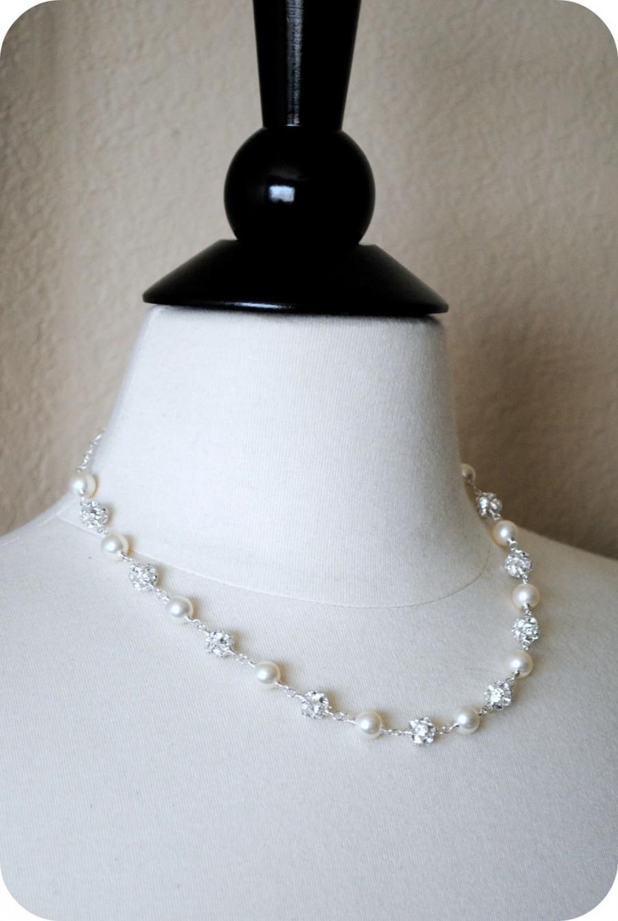 Wedding - Pearl Necklace, Bridal Rhinestone Necklace, Elegant Wedding Necklace, Couture Necklace, Long, Layered, Ivory, White, Wire Wrapped