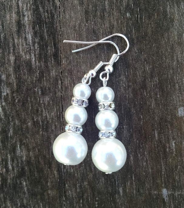 Wedding - Triple Pearl Earrings with Crystal Accents Wedding Jewelry Bridal Jewelry Pearl Wedding Jewelry - Available in Clip-on Earrings