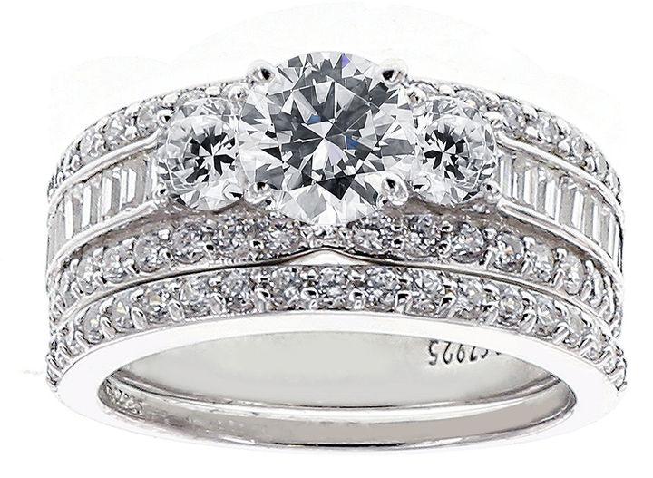 Hochzeit - FINE JEWELRY DiamonArt Cubic Zirconia Sterling Silver 3-Stone Bridal Ring Set