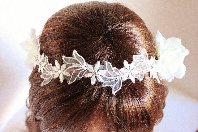 Wedding - Lace hair vine, ivory lace hair crown, lace and rhinestones, ivory flower crown, bridal hair garland, delicate hair crown - 'Cherish'