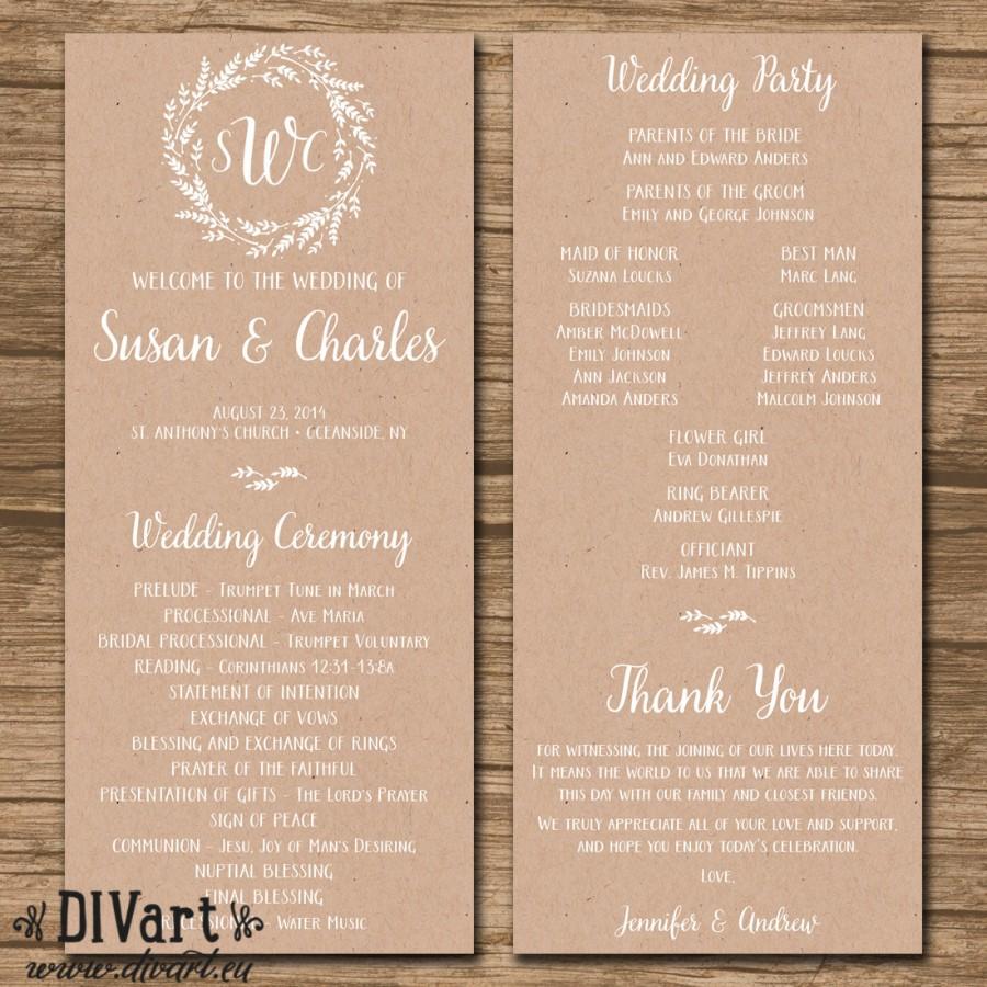 Wedding - Rustic Wedding Program, Ceremony Program - PRINTABLE files - rustic wedding, garden wedding, leaf wreath, kraft paper, brown paper - Susan
