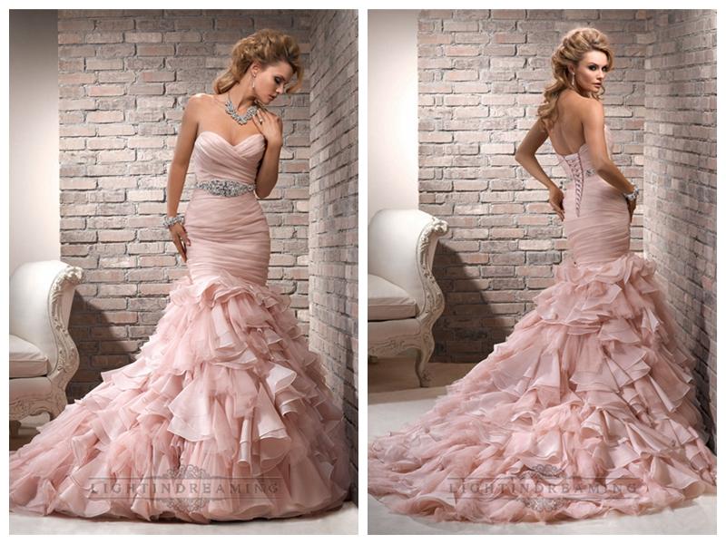 Hochzeit - Organza Pink Ruched Sweetheart Wedding Dresses with Mermaid Layered Skirt