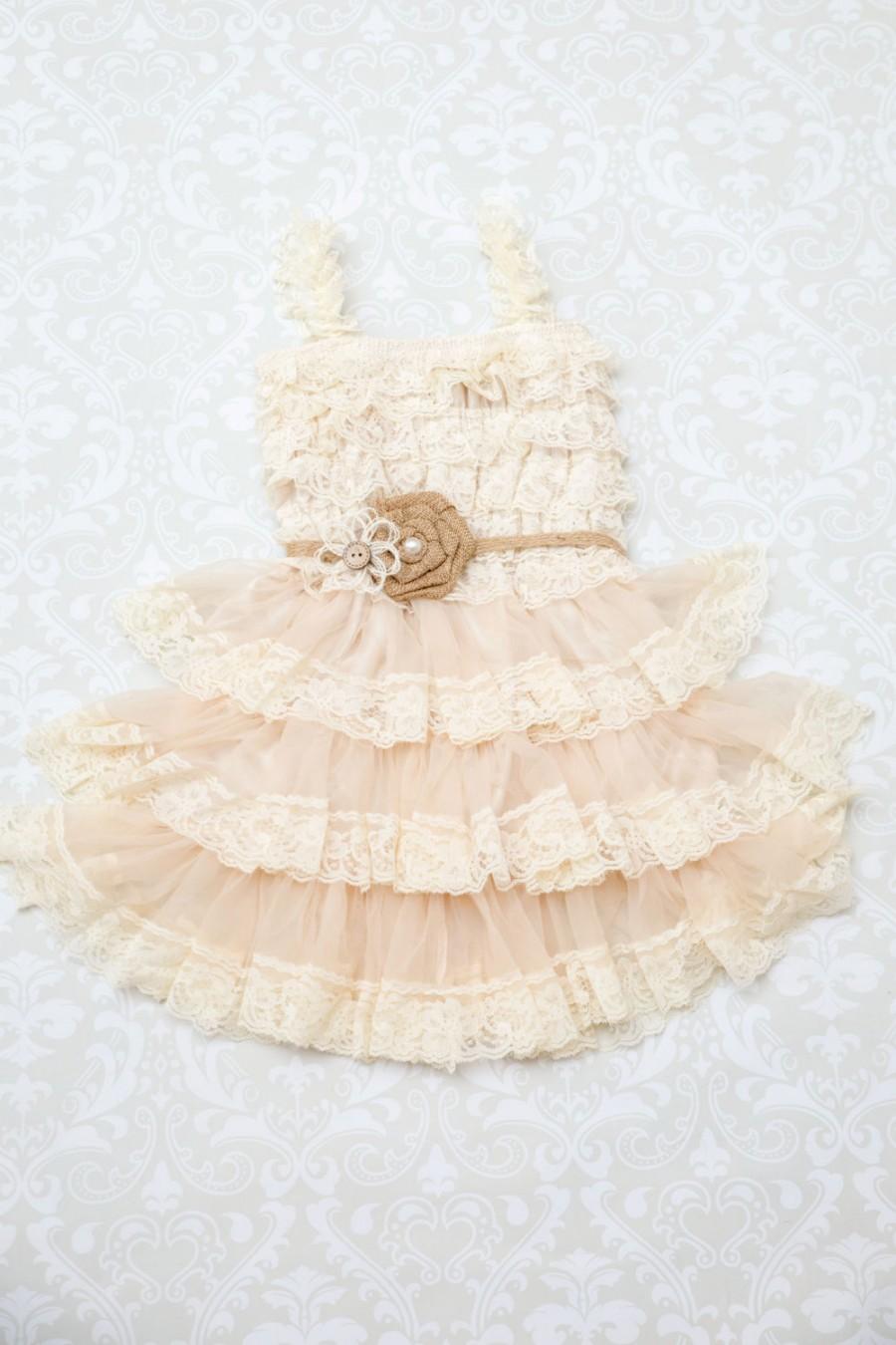 Mariage - Burlap Girls Dress, Rustic Flower Girl Dress, Farm Birthday Outfit, Country Baby Dress, Rustic Dress, Summer Dress, Chic Baby Dress