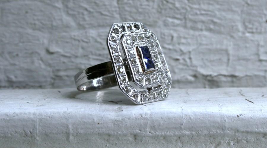Hochzeit - Art Deco Platinum Pave Diamond and Sapphire Ring - 1.48ct.