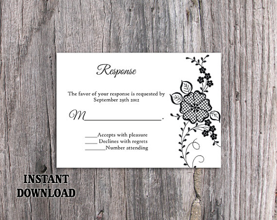 Свадьба - DIY Lace Wedding RSVP Template Editable Word File Instant Download Black Rsvp Template Printable Vintage Rsvp Floral RSVP Card Rustic Rsvp