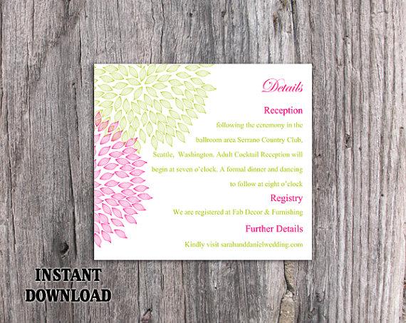 Wedding - DIY Wedding Details Card Template Editable Text Word File Download Printable Details Card Green Pink Details Card Floral Enclosure Cards