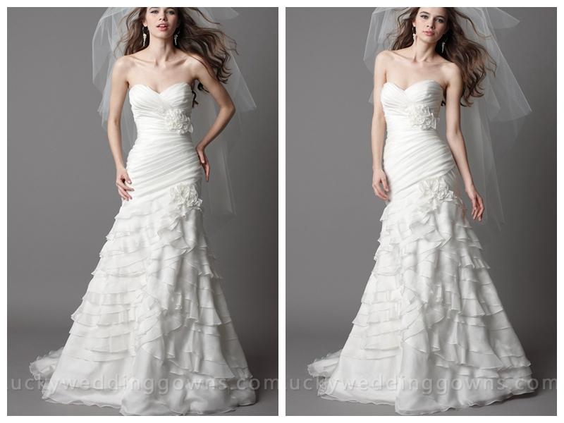 Hochzeit - White Organza Chapel Train Strapless Wedding Dress with Pleated Bodice