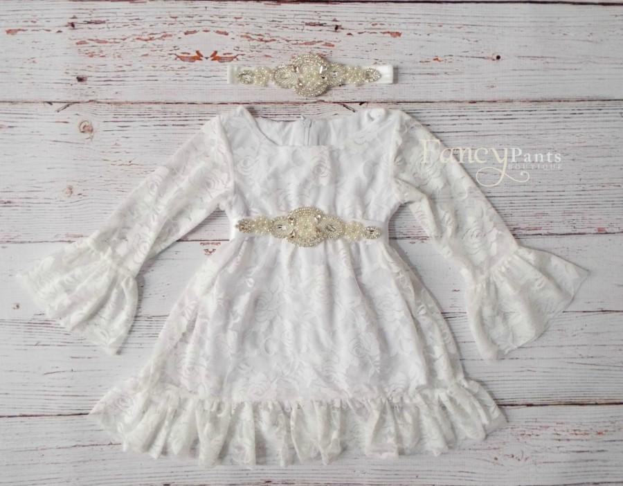 زفاف - White Flower Girl Dress, Crystal Rhinstone belt, Ivory lace dress, Boho, Toddler Dress, Baby Dress, Birthday Dress, Beach Wedding
