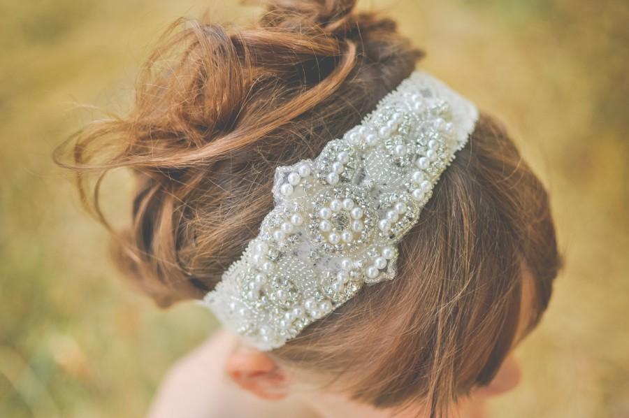 زفاف - Lace and Rhinestone Headband, Bling Headband, Rhinestone Headband, Flower Girl Headband, Fancy Headband, Bridal headband, Pearl headband