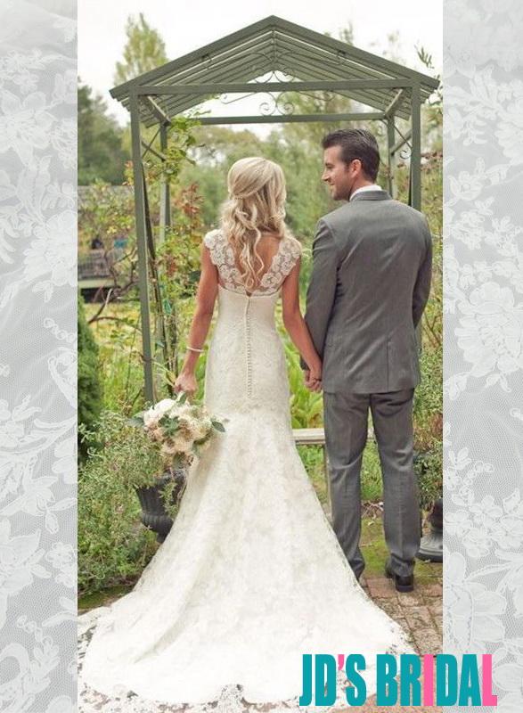 زفاف - H1674 Classic modest lace strappy trumpet wedding dress