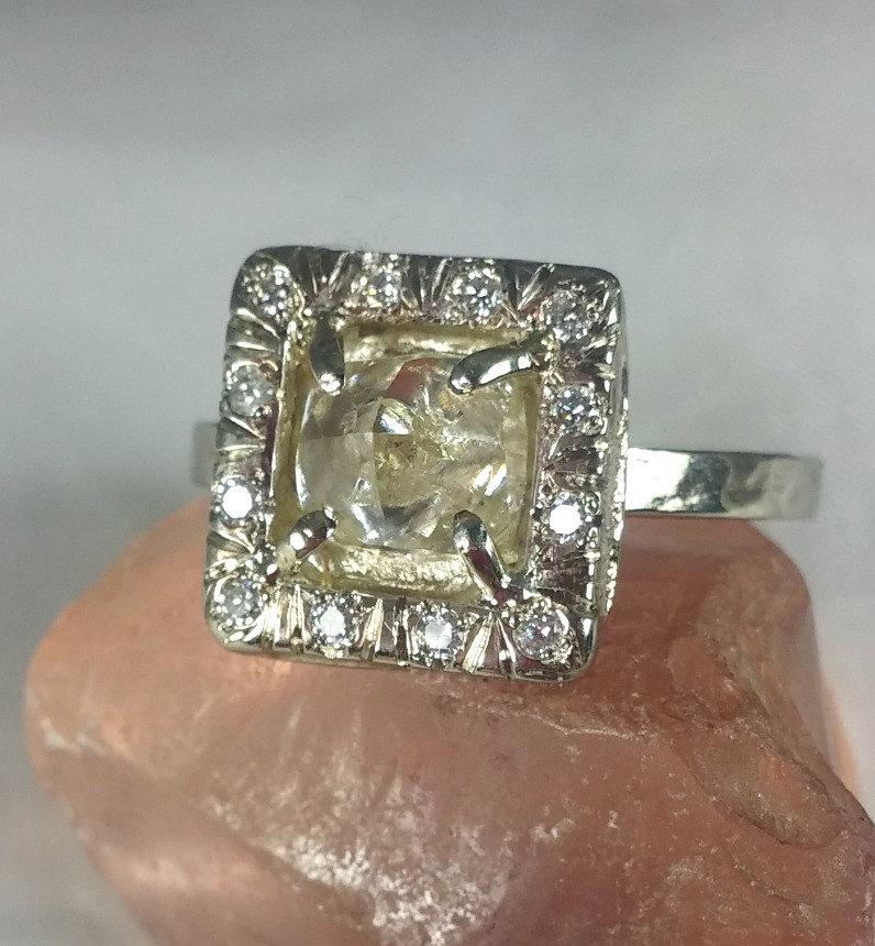 زفاف - Raw Diamond Ring, Natural clear raw diamond Halo ring, engagement ring, solid white gold multistone ring,  diamond halo ring, wedding ring