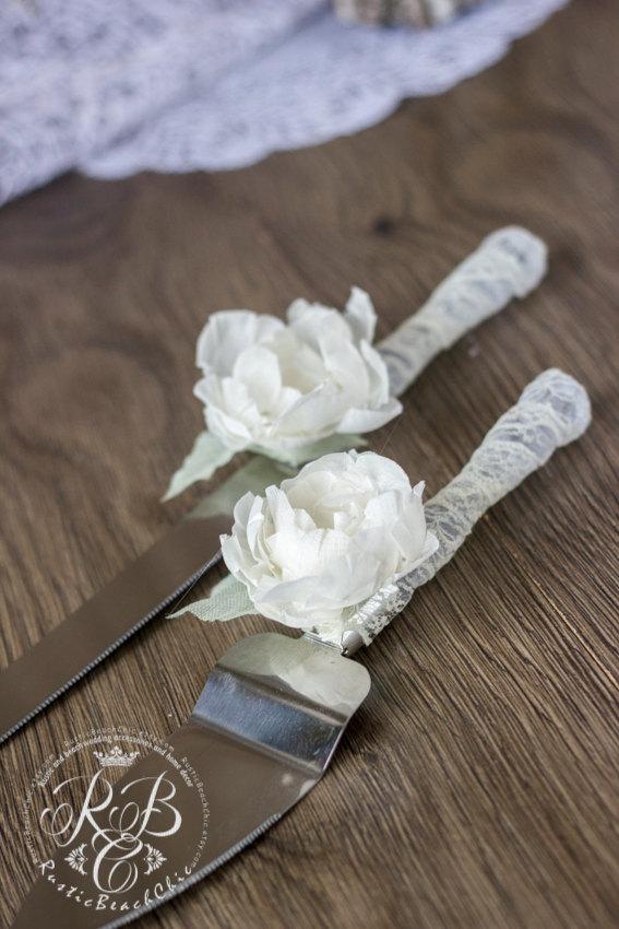 Hochzeit - Vintage Chic  Cake Server and Knife Set -  with WHITE lace silk handmade flower vintage inspiration Rustic lace wedding2pcs