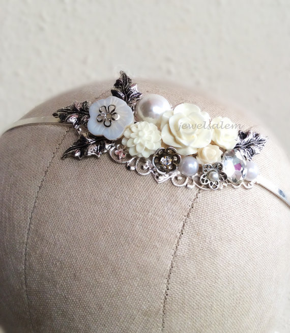 Hochzeit - Hairband Crystal Pearl Floral Leaf Silver Wedding Headband White Bridal Headpiece Bohemian Elegant Romantic Grecian Vintage Style