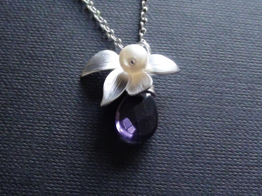 Wedding - 10% Off-Personalized Birthstone Necklace, Amethyst Teardrop, Orchid Flower,Bridesmaids gift, Wedding Gift, Statement, Personalized, Necklace