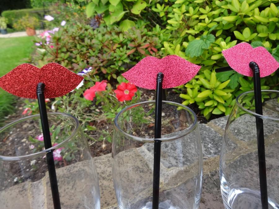 Mariage - Pink/ Red Glittery Lip Straws - Mixed Pack of 9 - Great for Hen Parties, Weddings etc