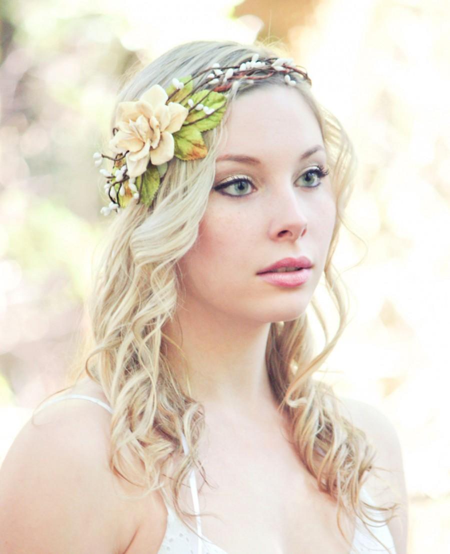 Hochzeit - wedding headband, bridal head piece, garden party, pine cone rose head piece, woodland wedding