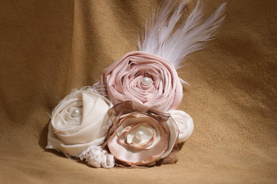 Mariage - vintage lace wedding flower hair piece beige cream ivory pink pearl beads feather photo prop hair clip fabric flower children newborn easter