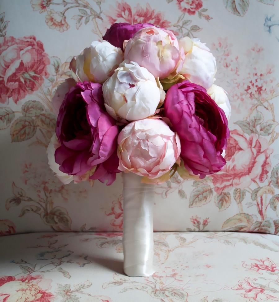 Wedding - Peony and Ranunculus Wedding Bouquet - Ivory, Blush, and Fuchsia Peony Bouquet