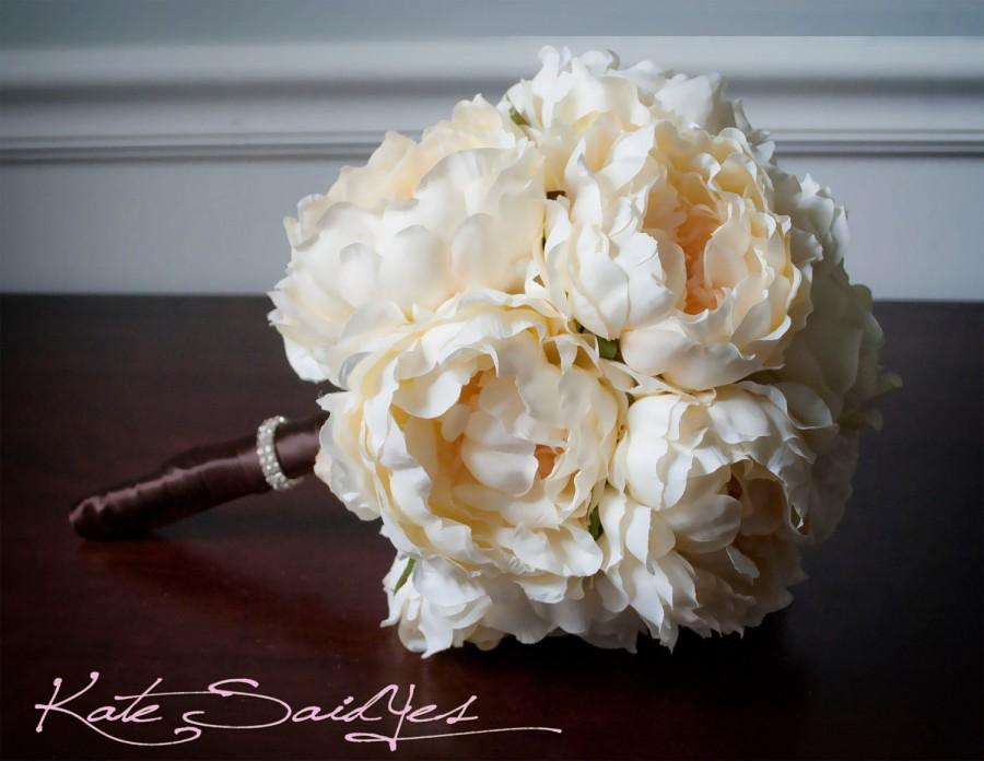 Wedding - Silk Wedding Bouquet - Creamy Yellow Peony Silk Bridal Wedding Bouquet with Rhinestones