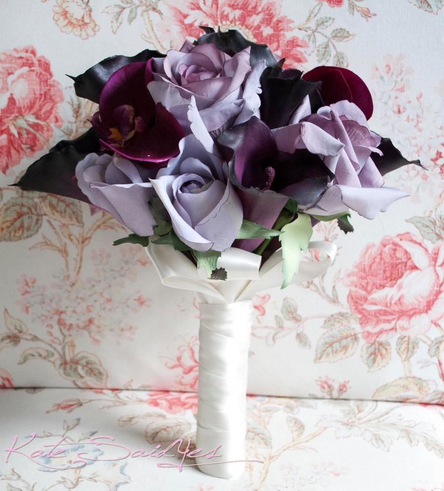 Hochzeit - Wedding Bouquet Lavender Rose Eggplant Calla Lily and Fuchsia Orchid Wedding Bouquet