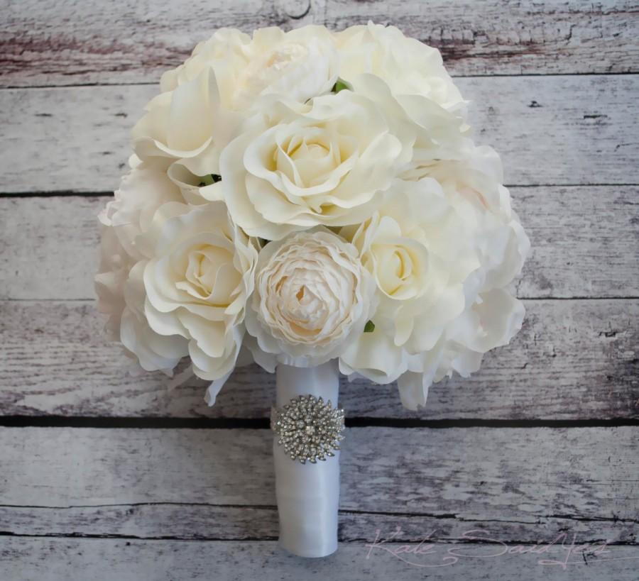 زفاف - Ivory Rose Peony and Ranunculus Wedding Bouquet with Rhinestone Handle