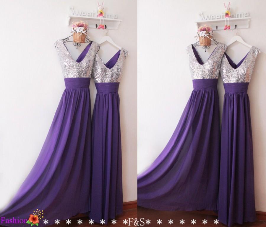 Свадьба - Purple Sequin Prom Dress,Sexy V Neck Bridesmaid Dress,Sparkly Formal Evening Dress,Custom Rustic Bridesmaid Dress,Cheap Prom Dresses 2016