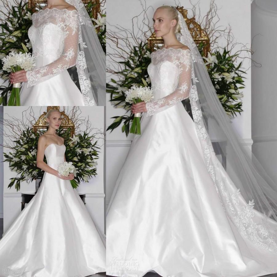 Wedding - Princess White Wedding Dresses With Long Sleeve Jacket Lace Chapel Train Satin A-Line 2016 Sheer A-Line Cheap Bridal Gowns Ball Online with $125.31/Piece on Hjklp88's Store 