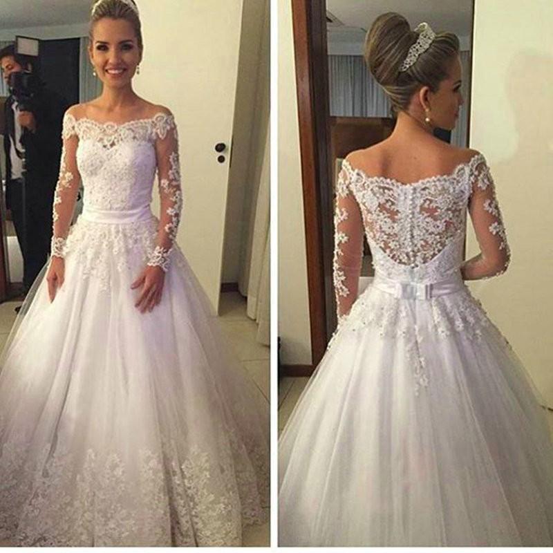 زفاف - 2016 Vintage Wedding Dresses Cheap White Full Lace Appliques Off the Shoulder Long Sleeves A-line Tulle Plus Size Chapel Train Bridal Gowns Online with $121.81/Piece on Hjklp88's Store 