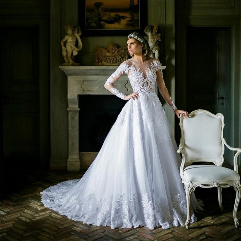 Mariage - New Arrival Tulle Illusion Wedding Dresses Long Sleeves Sheer 2016 A-Line Lace Appliques Sequins Bridal Gown Ball Vestido De Noiva Online with $126.19/Piece on Hjklp88's Store 