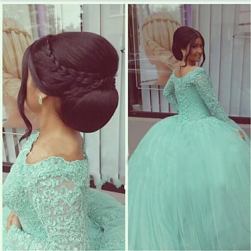 Wedding - Stunning Mint Long Sleeves Wedding Dresses Color Scoop Beaded Appliques Lace Plus Size Bridal Ball Dubai Abaya Sweep Length Wedding Gown Online with $120.93/Piece on Hjklp88's Store 