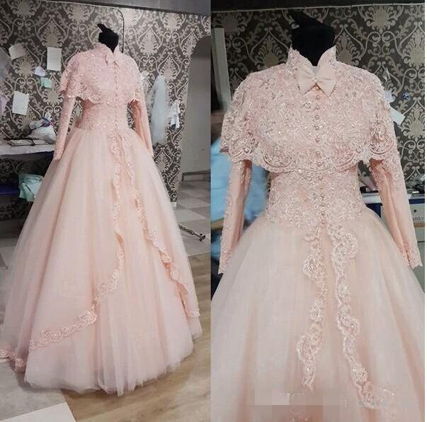 Mariage - Graceful Beads Pink 2016 Wedding Dresses Color High Neck Bridal Ball Long Sleeve Lace Appliques A Line Wedding Gown Sweep Train Tulle Layer Online with $135.29/Piece on Hjklp88's Store 