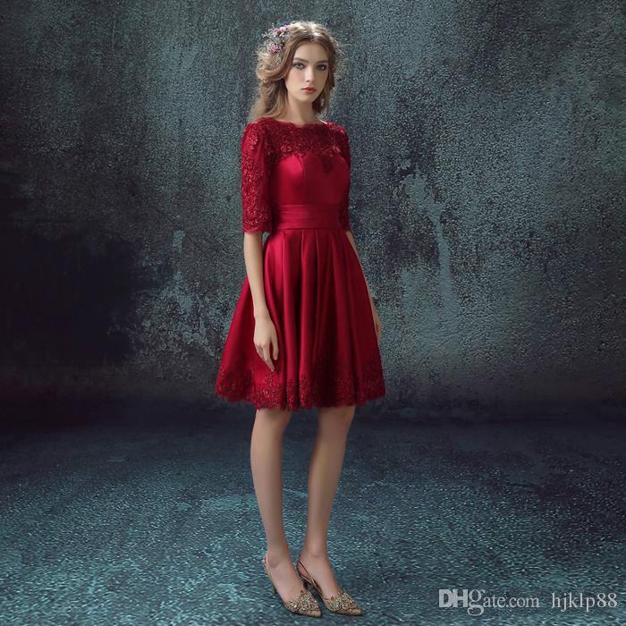 Свадьба - Modest Lace 2016 Party Dresses With Half Sleeveless Burgundy Short Formal Party Dresses Plus Size Custom Made Knee Length Cocktail Dress Online with $91.1/Piece on Hjklp88's Store 