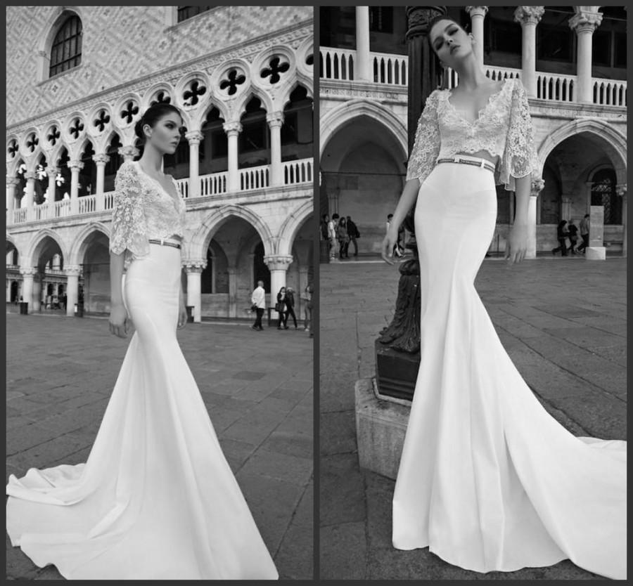 Mariage - Sexy Two Piece White Lace Mermaid Inbal Dror Wedding Dresses Deep V-neck Elbow Length Long Sleeve Lace Bridal Dress Gowns Trumpet Online with $106.71/Piece on Hjklp88's Store 