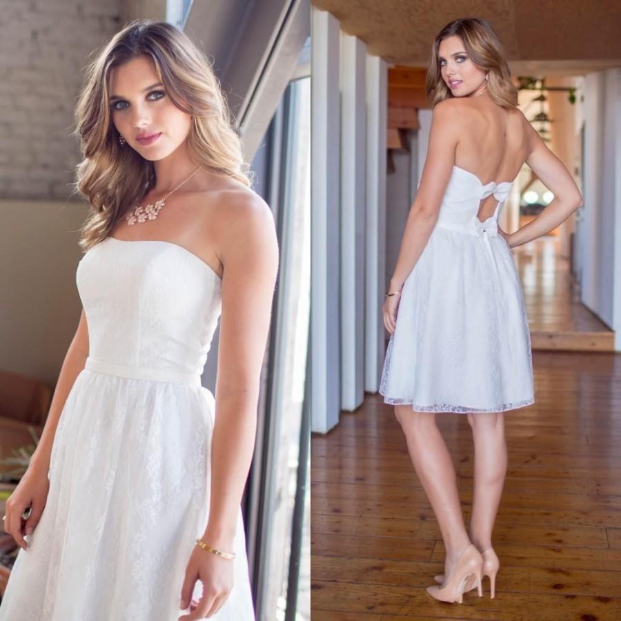 Hochzeit - Spring Short 2016 Newest Wedding Dresses Strapless A-line Knee Length White Lace Bow Back Short Bridal Ball Party Dresses Custom Made Online with $96.4/Piece on Hjklp88's Store 